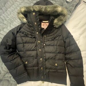 Juicy Couture Ruffle Down Bomber Puffer Jacket with Faux Fur Hood size small